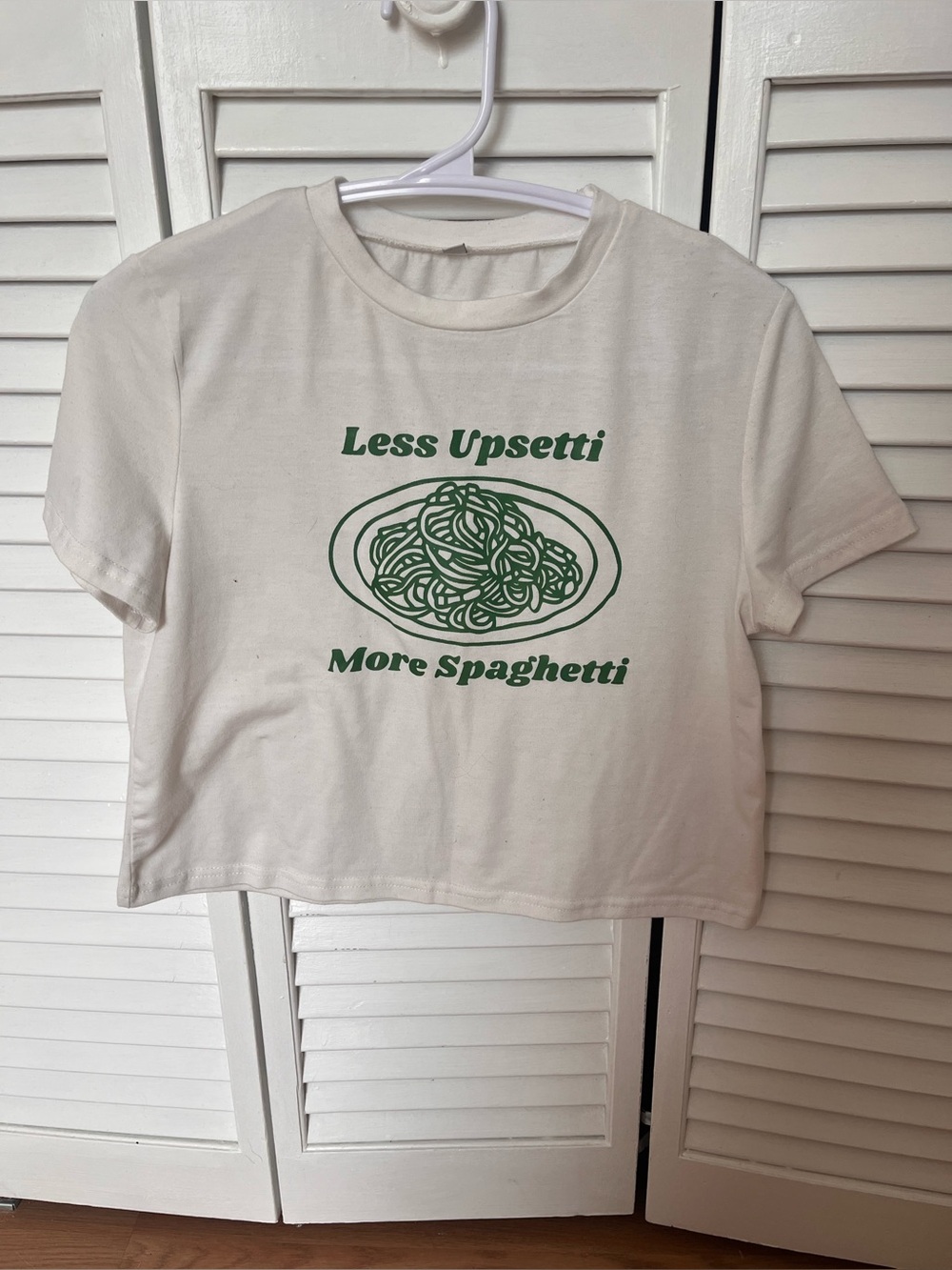 Less Upsetti More Spaghetti Graphic Crop Tee - Cream with Green Print